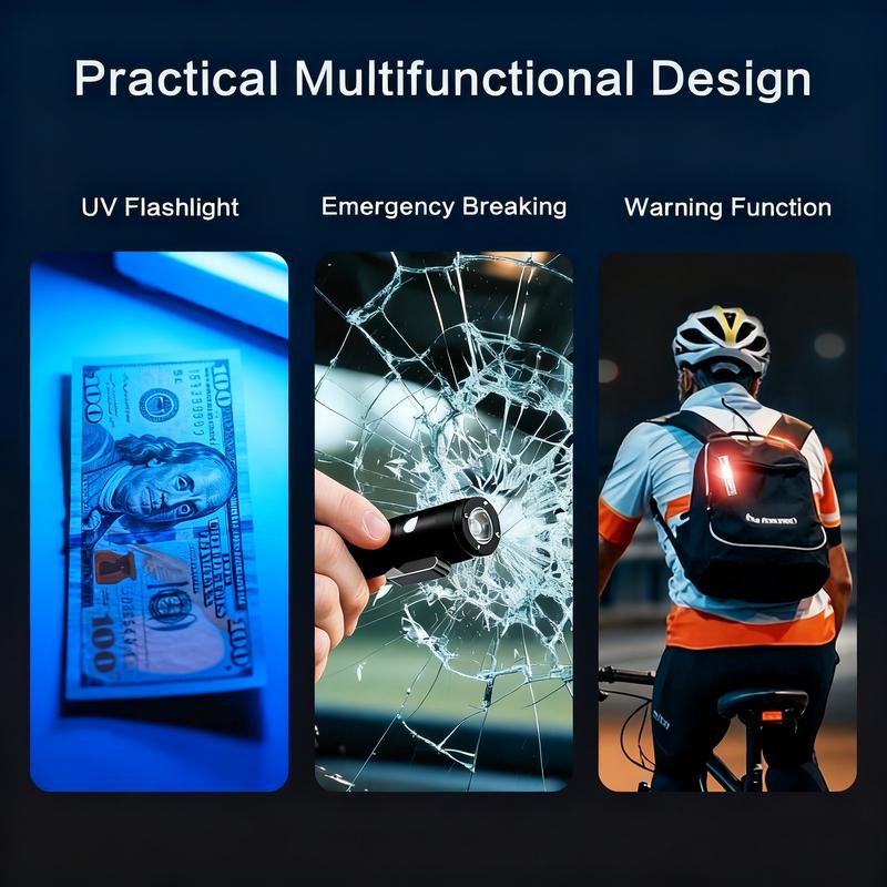 🔦Pocket Rechargeable EDC Flashlight: 500 Lumens Mini Keychain Light with Fire Starter & Window Breaker