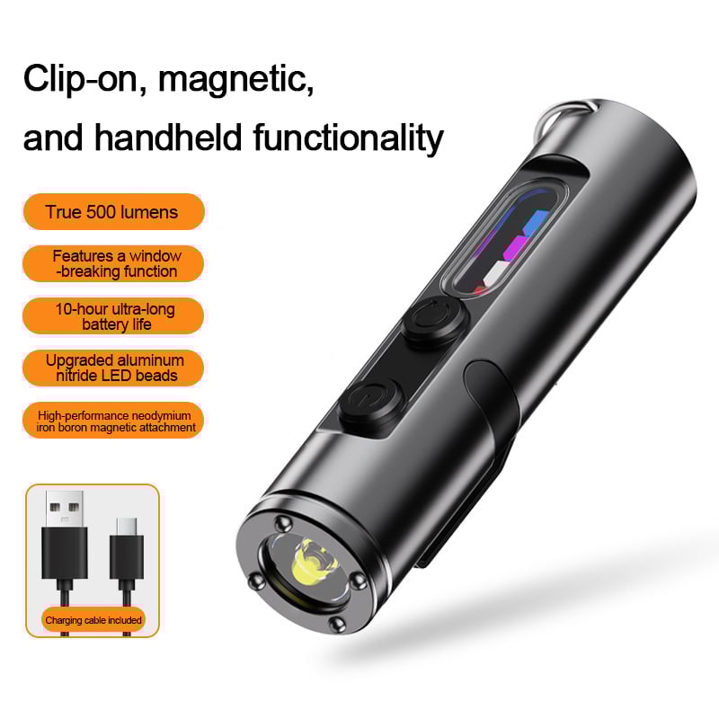 🔦Pocket Rechargeable EDC Flashlight: 500 Lumens Mini Keychain Light with Fire Starter & Window Breaker