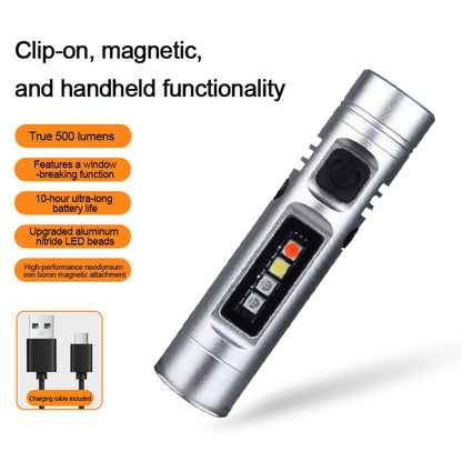 🔦Pocket Rechargeable EDC Flashlight: 500 Lumens Mini Keychain Light with Fire Starter & Window Breaker